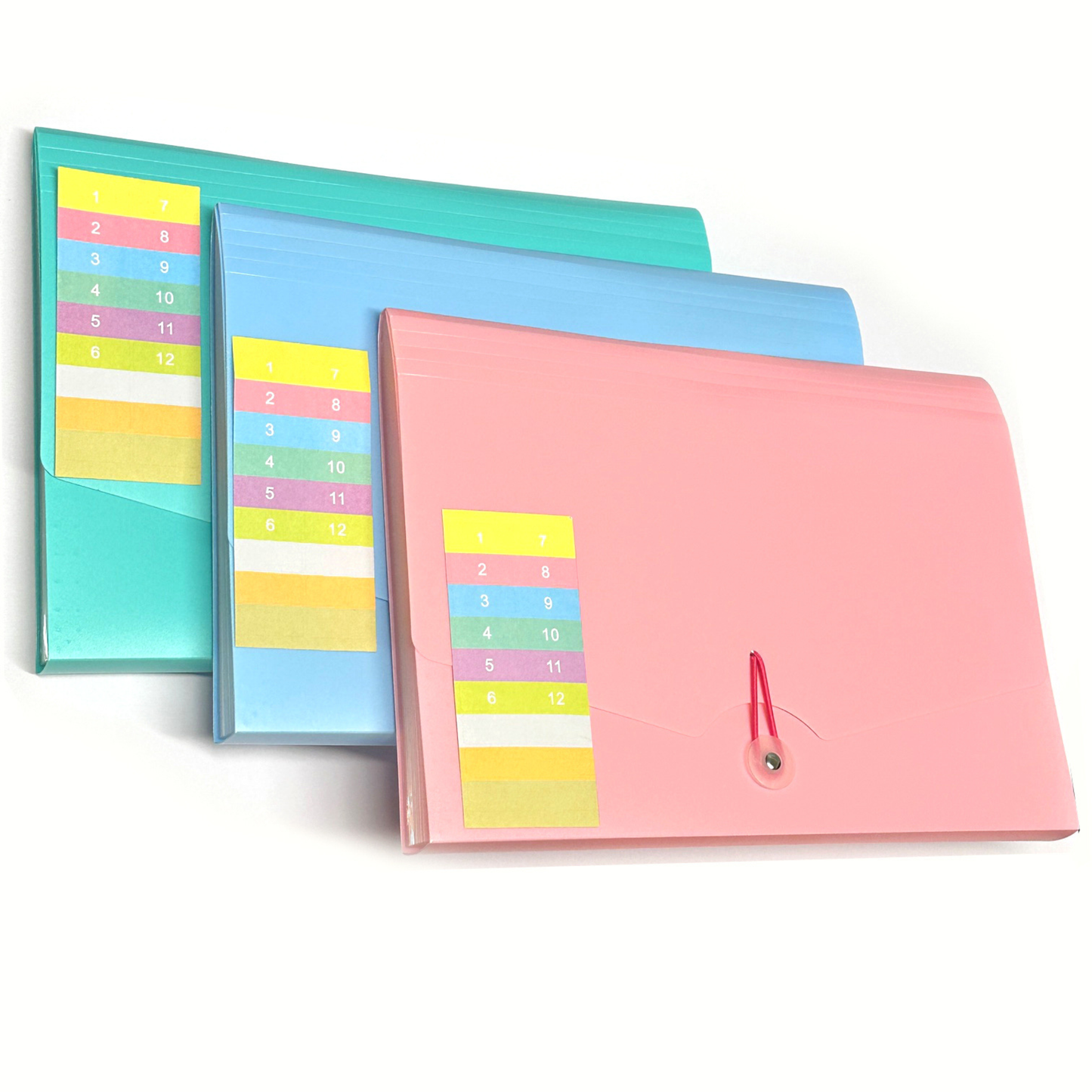 Expanding File Folder A4 – 12 Pocket Document Organiser with Index Labels | Pastel Pink, Blue & Green
