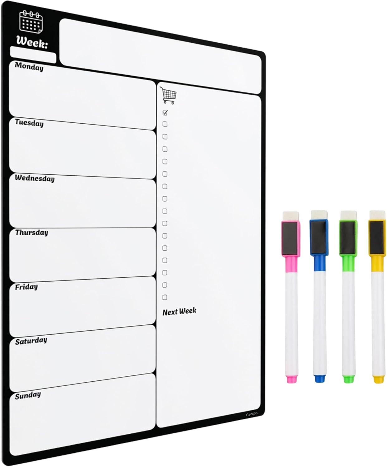 Large A3 Magnetic Fridge Wipe Board | Family Weekly Planner, Shopping List & Memo Board | 4 Colour Markers