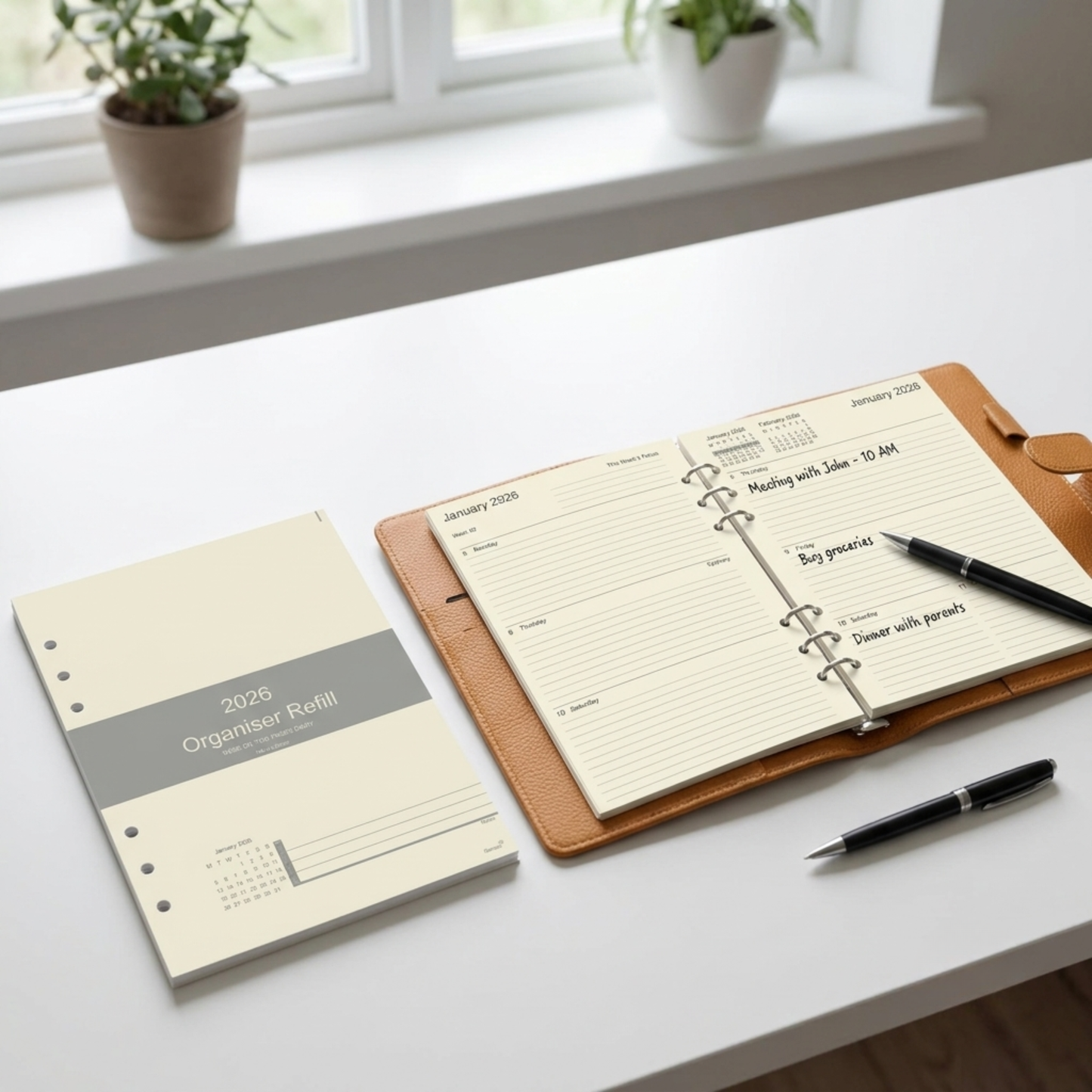 Open planner with pen on a desk next to a closed planner and another pen.