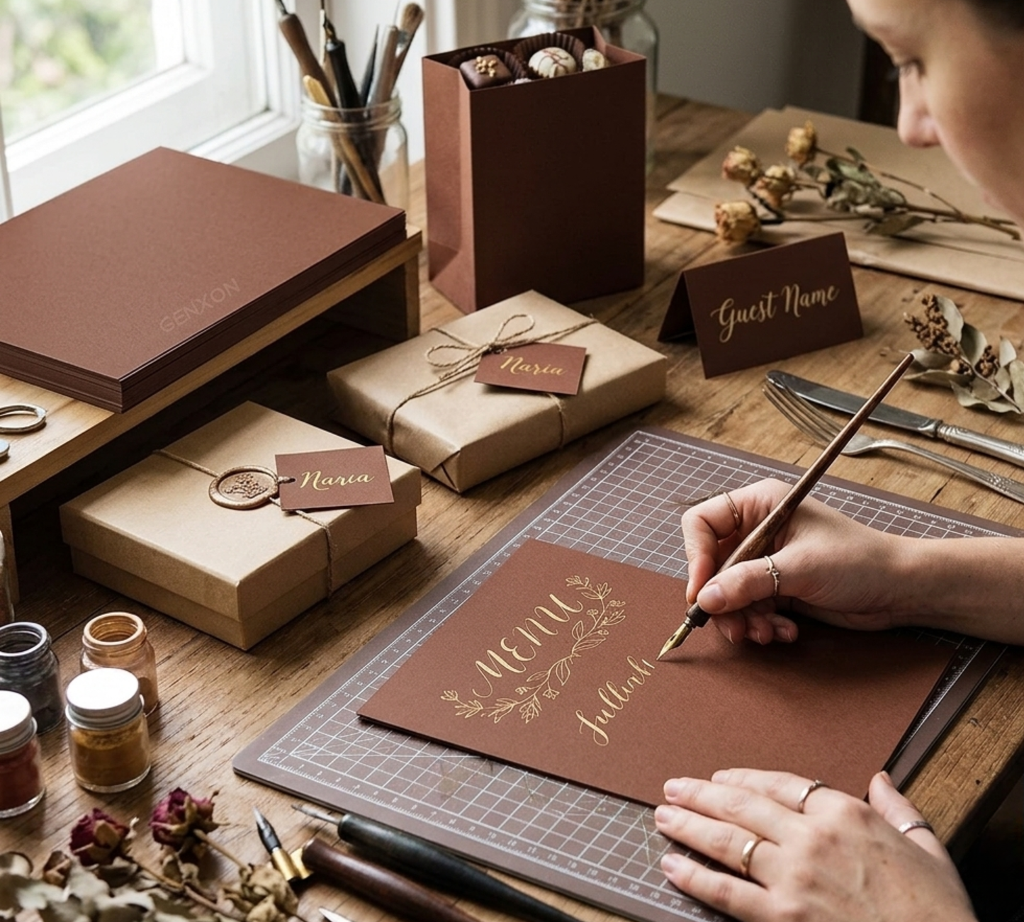 Person working on a decorative item with stationery supplies on a wooden table.