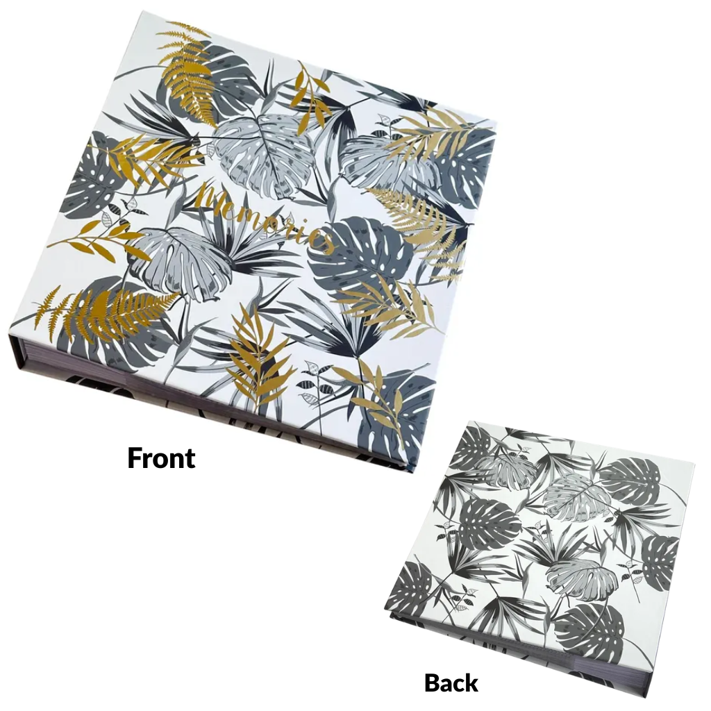 Floral patterned product packaging with 'memories ' text gold foil on a white background