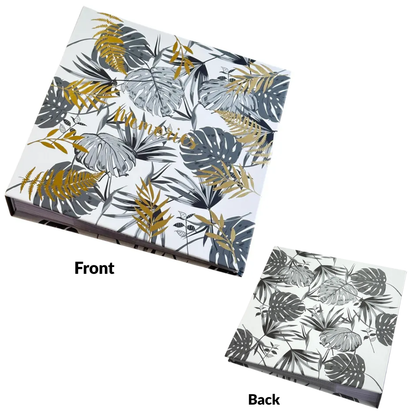 Floral patterned product packaging with 'memories ' text gold foil on a white background
