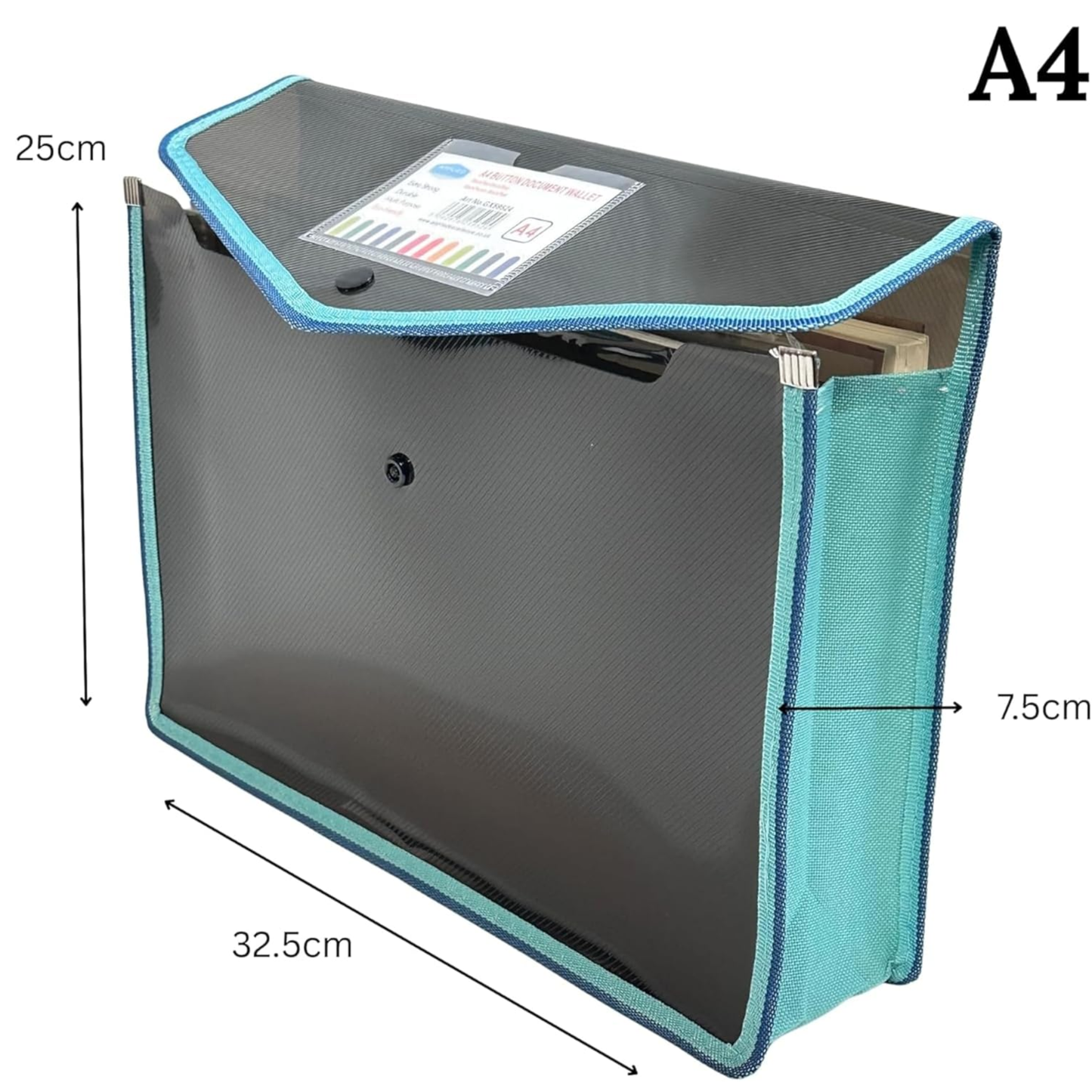 A4 Button Wallet File Folder | Plastic Poly Envelope with Stud Closure & Business Card Pocket | Pink, Teal Blue, Purple, Red