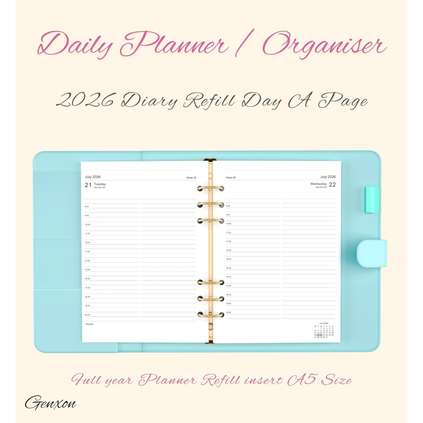 A5 Diary Refill 2026 – Day Per Page, Time Slots 8am–8pm | Filofax Compatible