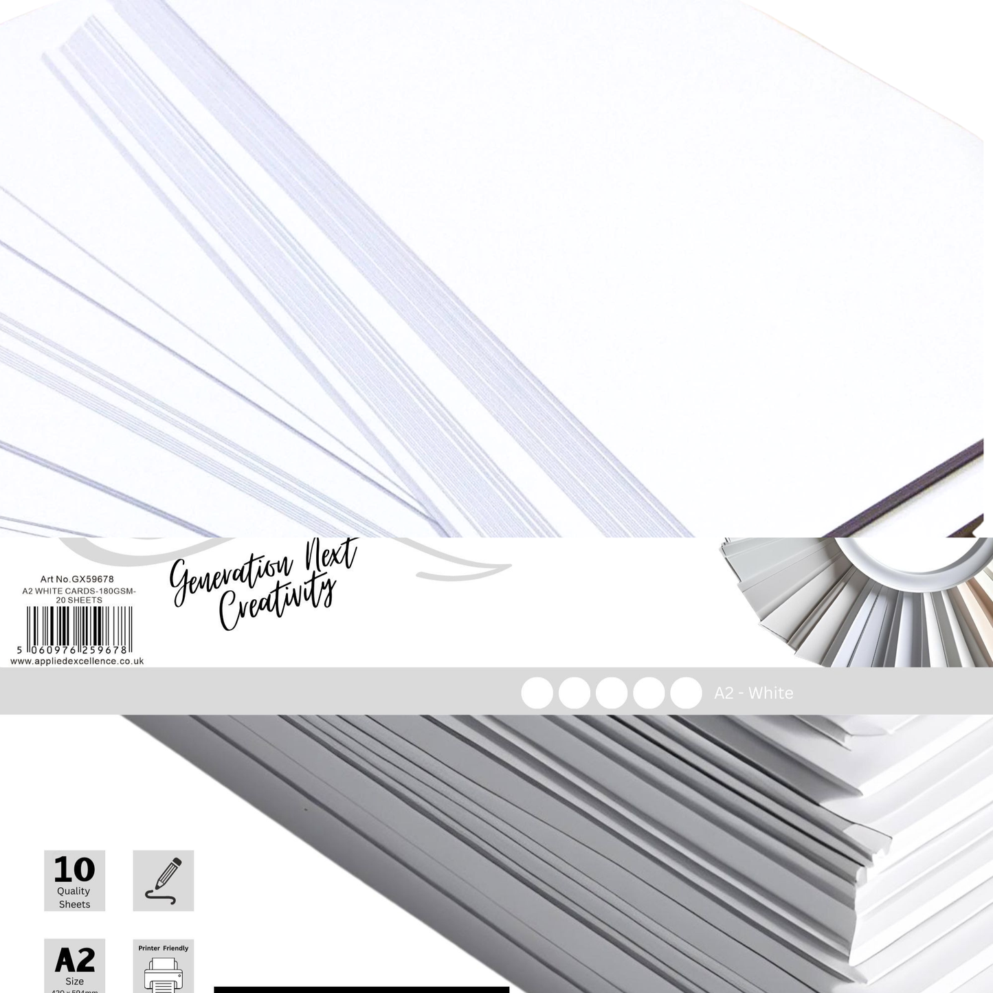 Packaging of white A2 cards with 'Generation Next Creativity' branding on a white background.
