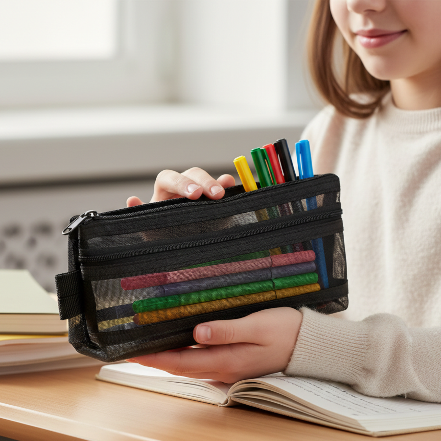GenXon Mesh Pencil Case Pack of 3 | 2 Pockets | Zip Closure