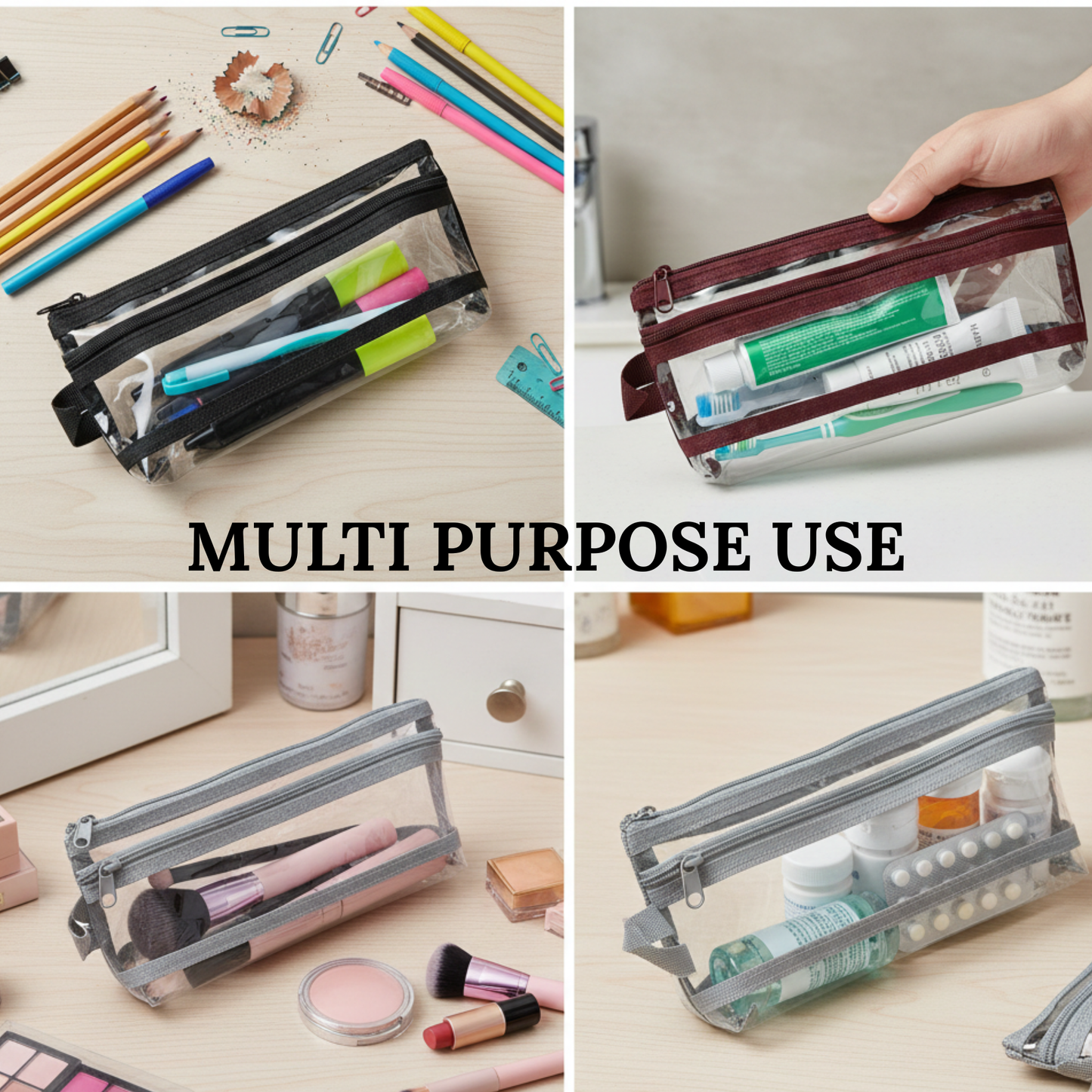 GenXon Clear Transparent Pencil Case Pack of 3 | 2 Compartments | Zip Pouch