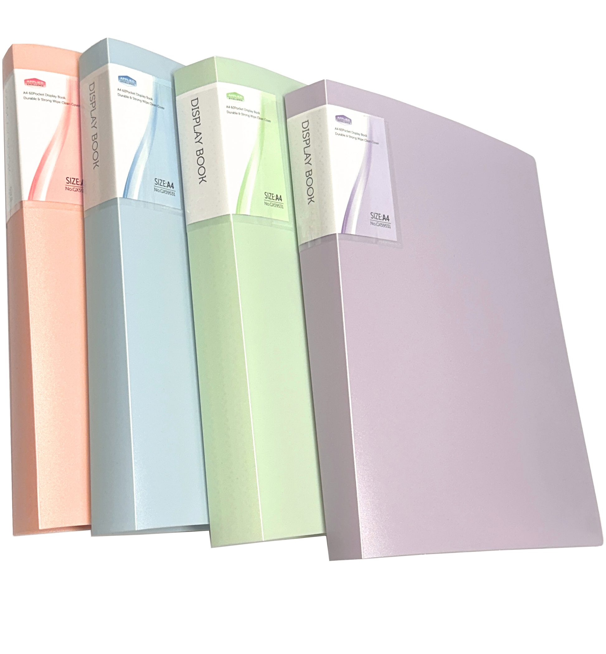 A4 display book folder in pastel Blue, green, purple & orange with 10,20,30,40 or 60 pockets