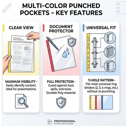 A4 Punch Pockets Pack of 50 – Crystal Clear Filing Wallets with Coloured Spine