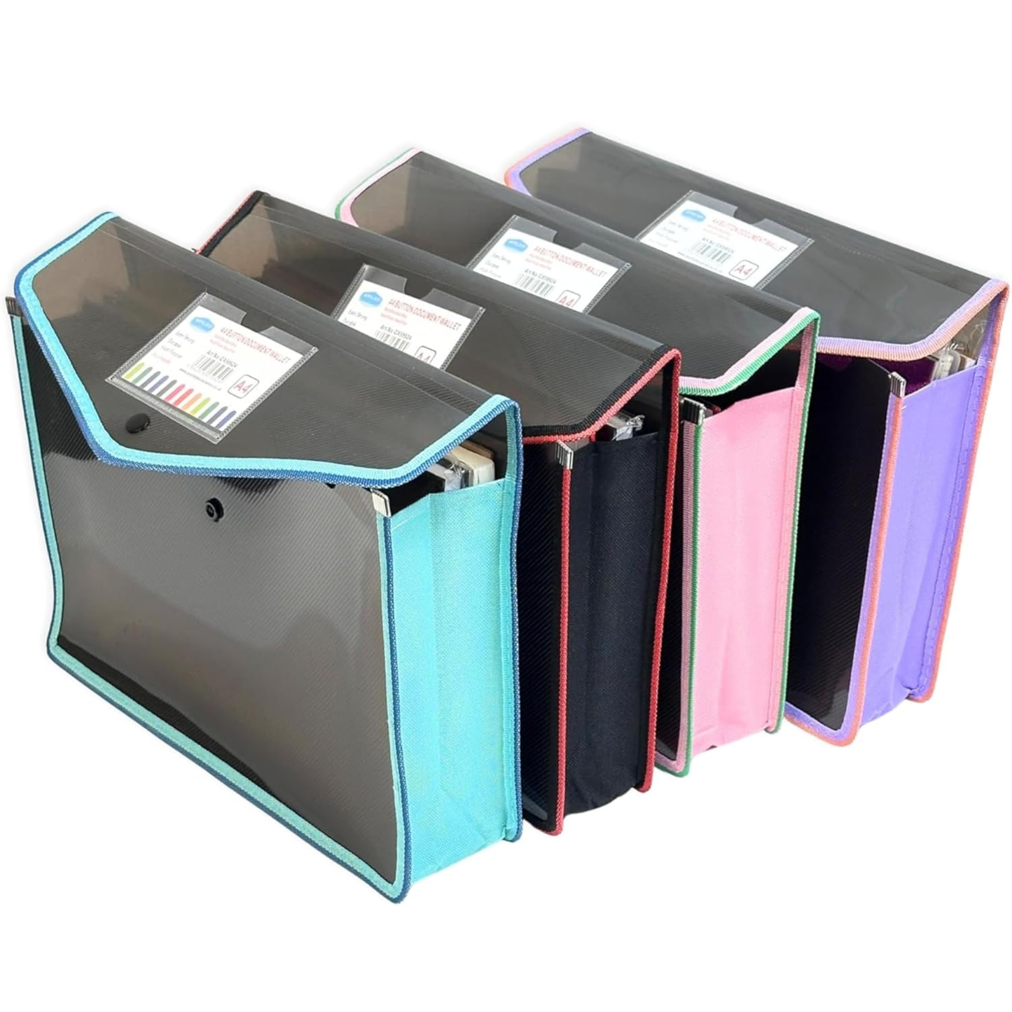 A4 Button Wallet File Folder | Plastic Poly Envelope with Stud Closure & Business Card Pocket | Pink, Teal Blue, Purple, Red
