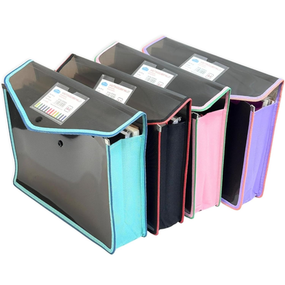 A4 Button Wallet File Folder | Plastic Poly Envelope with Stud Closure & Business Card Pocket | Pink, Teal Blue, Purple, Red