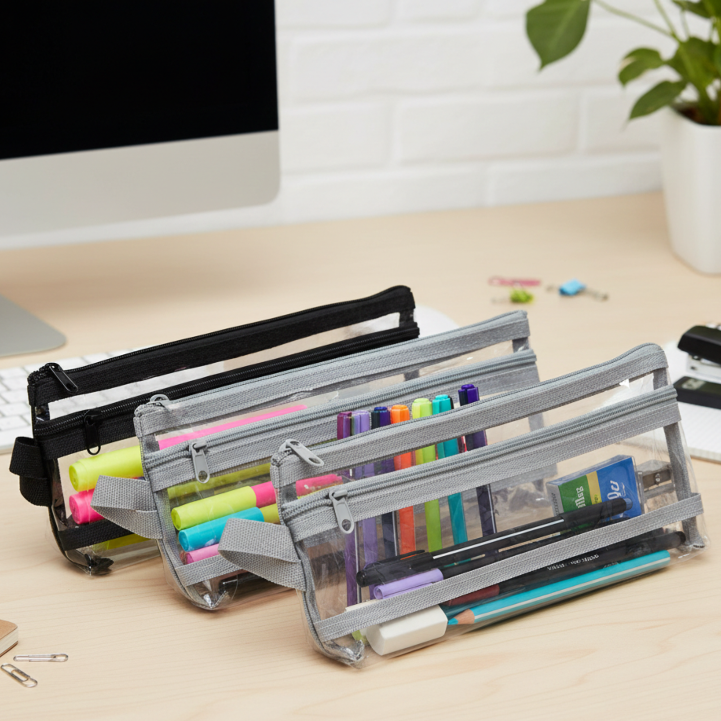 GenXon Clear Transparent Pencil Case Pack of 3 | 2 Compartments | Zip Pouch