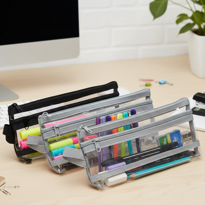 GenXon Clear Transparent Pencil Case Pack of 3 | 2 Compartments | Zip Pouch