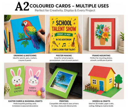  image of A2 coloured cards with various uses including drawing, poster making, frame mounting, and seasonal crafts. 160gsm mix colour cards