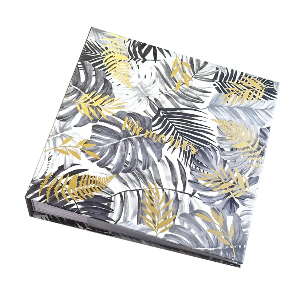 Tropical Leaf Hardback Photo Album – 200 Slip-In Photos | Gold Foil Memories | White & Grey | 22x22cm