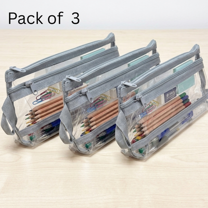 GenXon Clear Transparent Pencil Case Pack of 3 | 2 Compartments | Zip Pouch