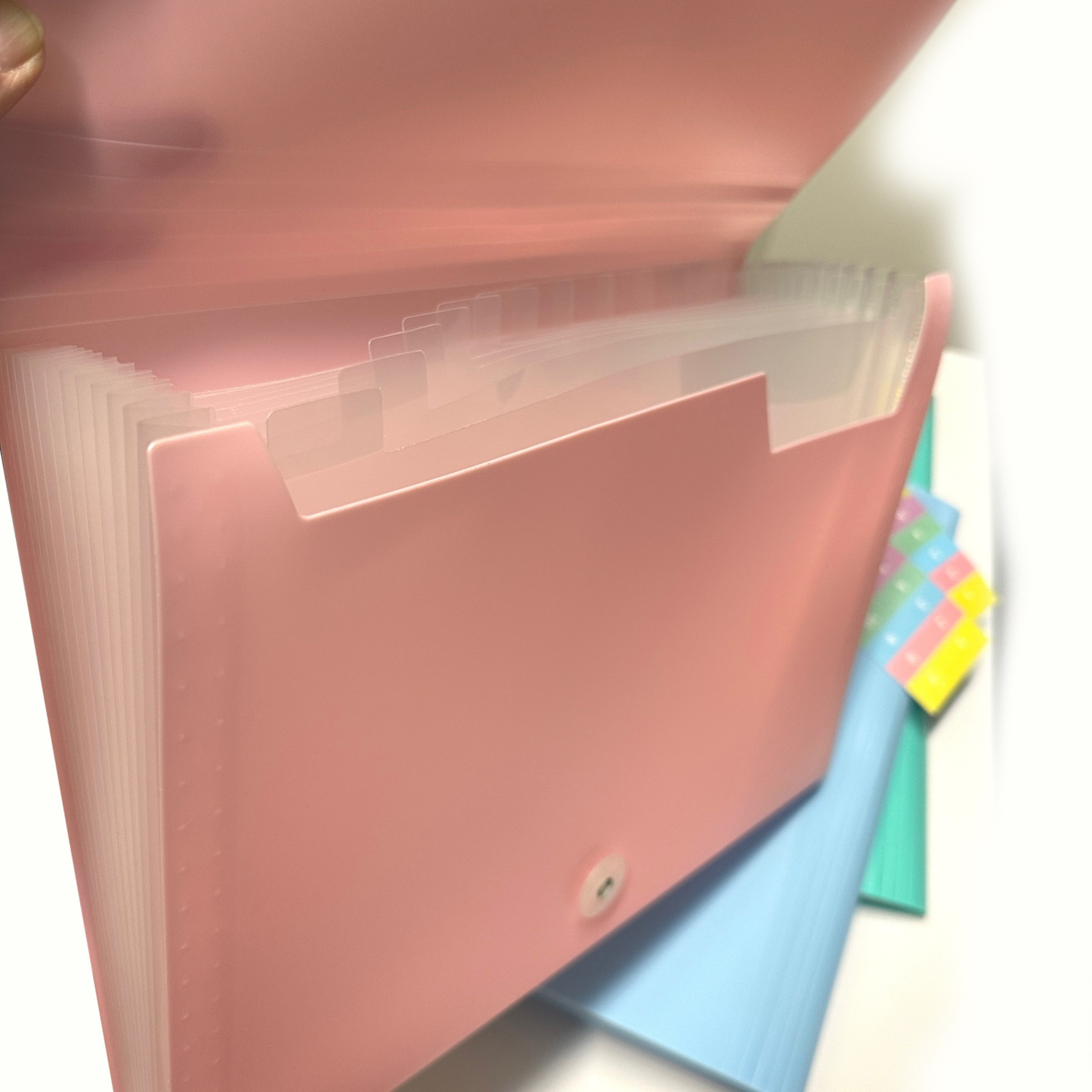 Expanding File Folder A4 – 12 Pocket Document Organiser with Index Labels | Pastel Pink, Blue & Green