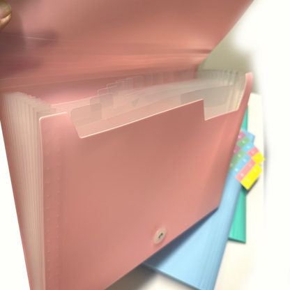 Expanding File Folder A4 – 12 Pocket Document Organiser with Index Labels | Pastel Pink, Blue & Green