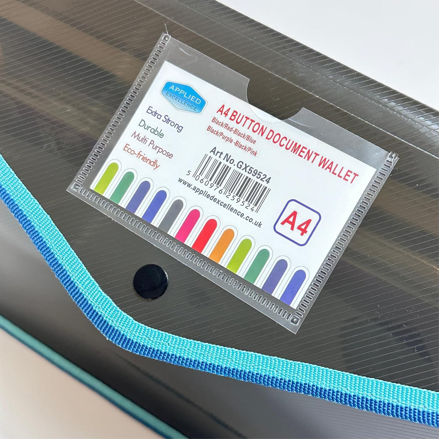 A4 Button Wallet File Folder | Plastic Poly Envelope with Stud Closure & Business Card Pocket | Pink, Teal Blue, Purple, Red