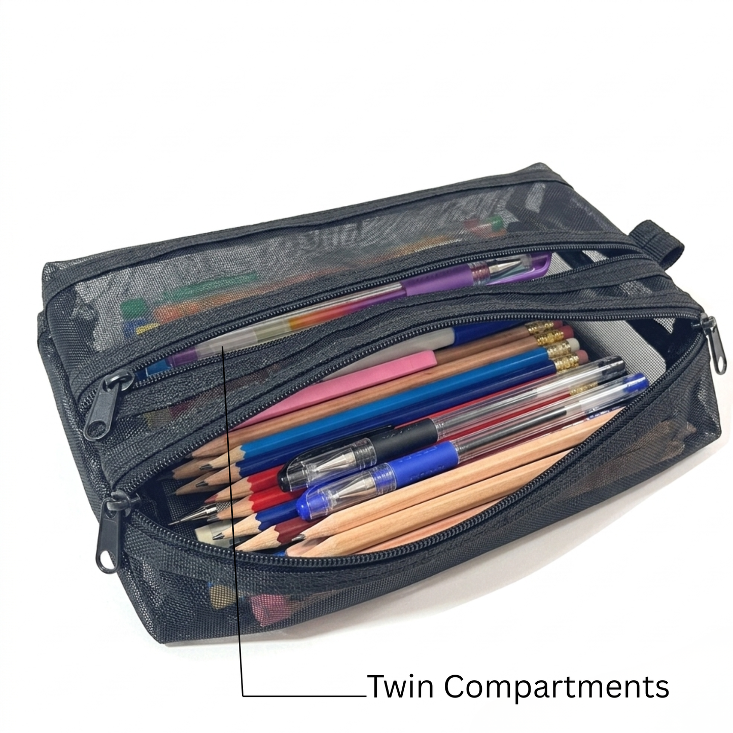 GenXon Mesh Pencil Case Pack of 3 | 2 Pockets | Zip Closure