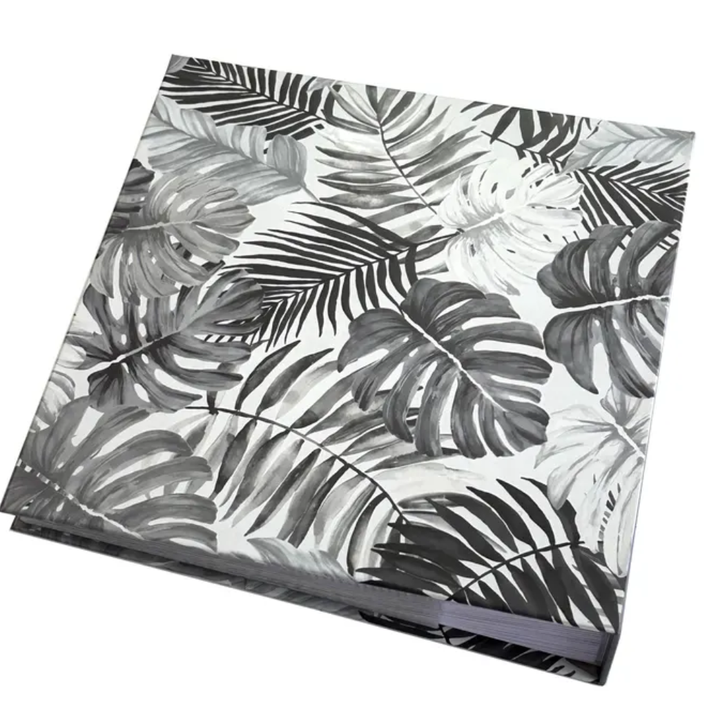 Tropical Leaf Hardback Photo Album – 200 Slip-In Photos | Gold Foil Memories | White & Grey | 22x22cm