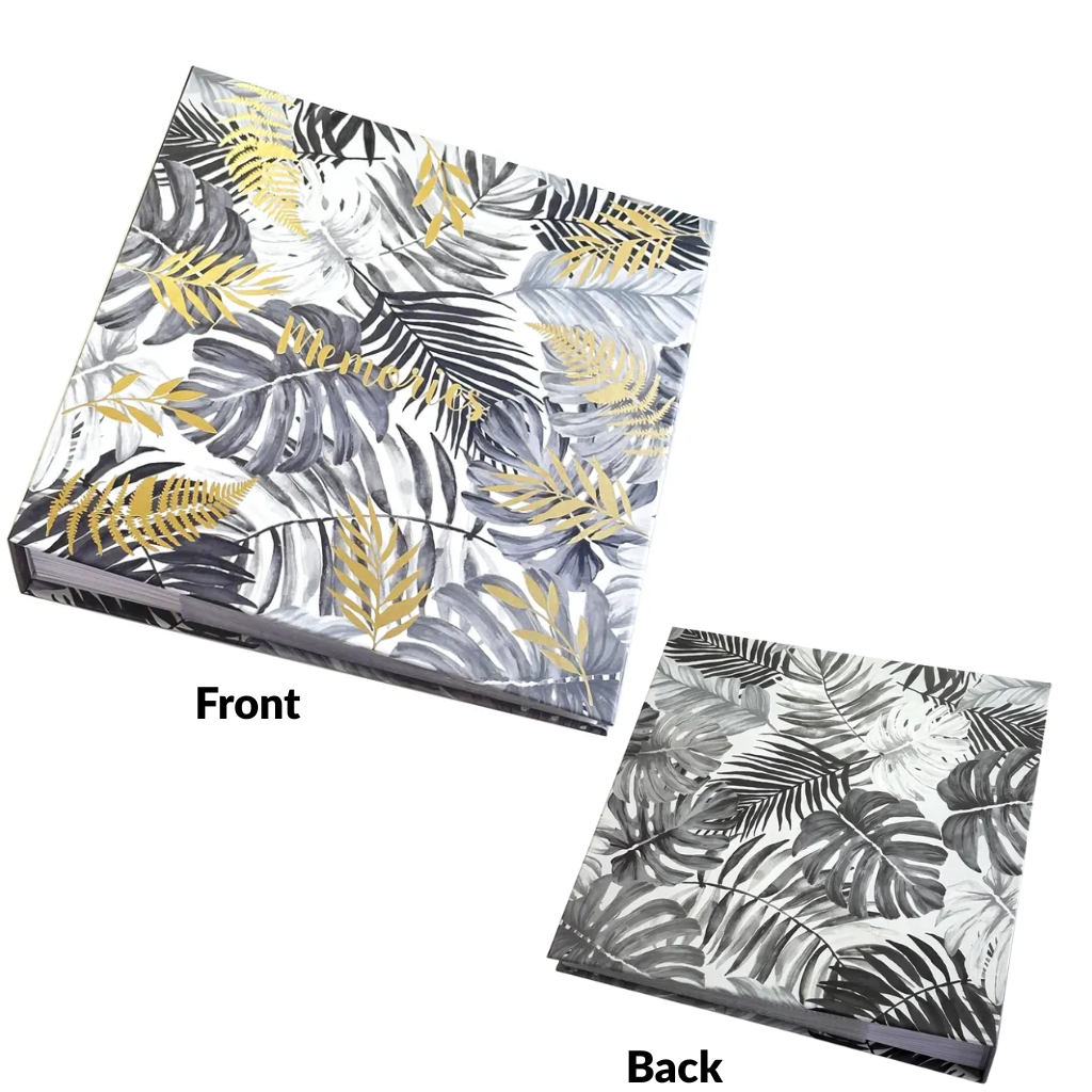 Tropical Leaf Hardback Photo Album – 200 Slip-In Photos | Gold Foil Memories | White & Grey | 22x22cm