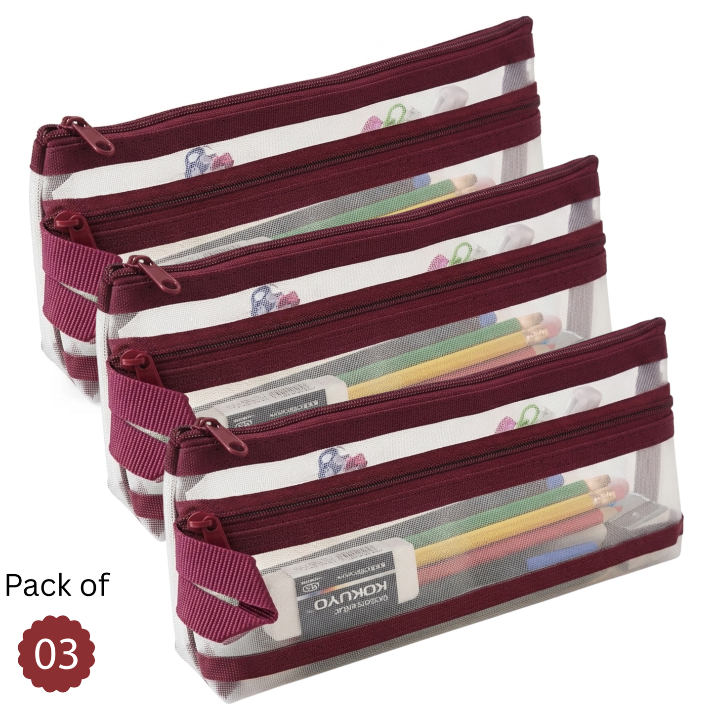 GenXon Mesh Pencil Case Pack of 3 | 2 Pockets | Zip Closure