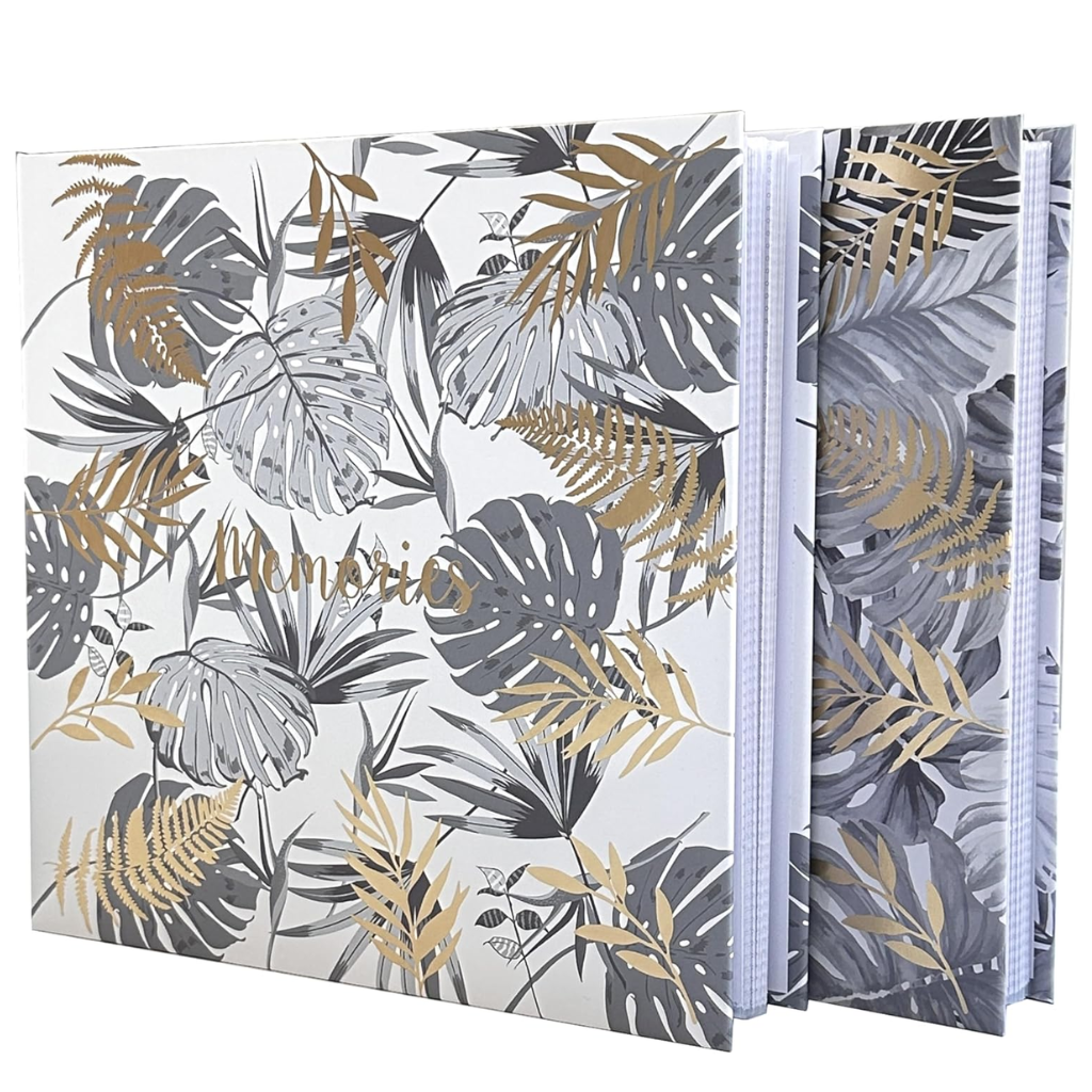 Tropical Leaf Hardback Photo Album – 200 Slip-In Photos | Gold Foil Memories | White & Grey | 22x22cm