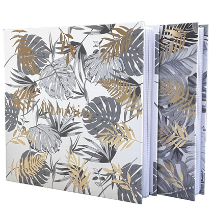 Tropical Leaf Hardback Photo Album – 200 Slip-In Photos | Gold Foil Memories | White & Grey | 22x22cm