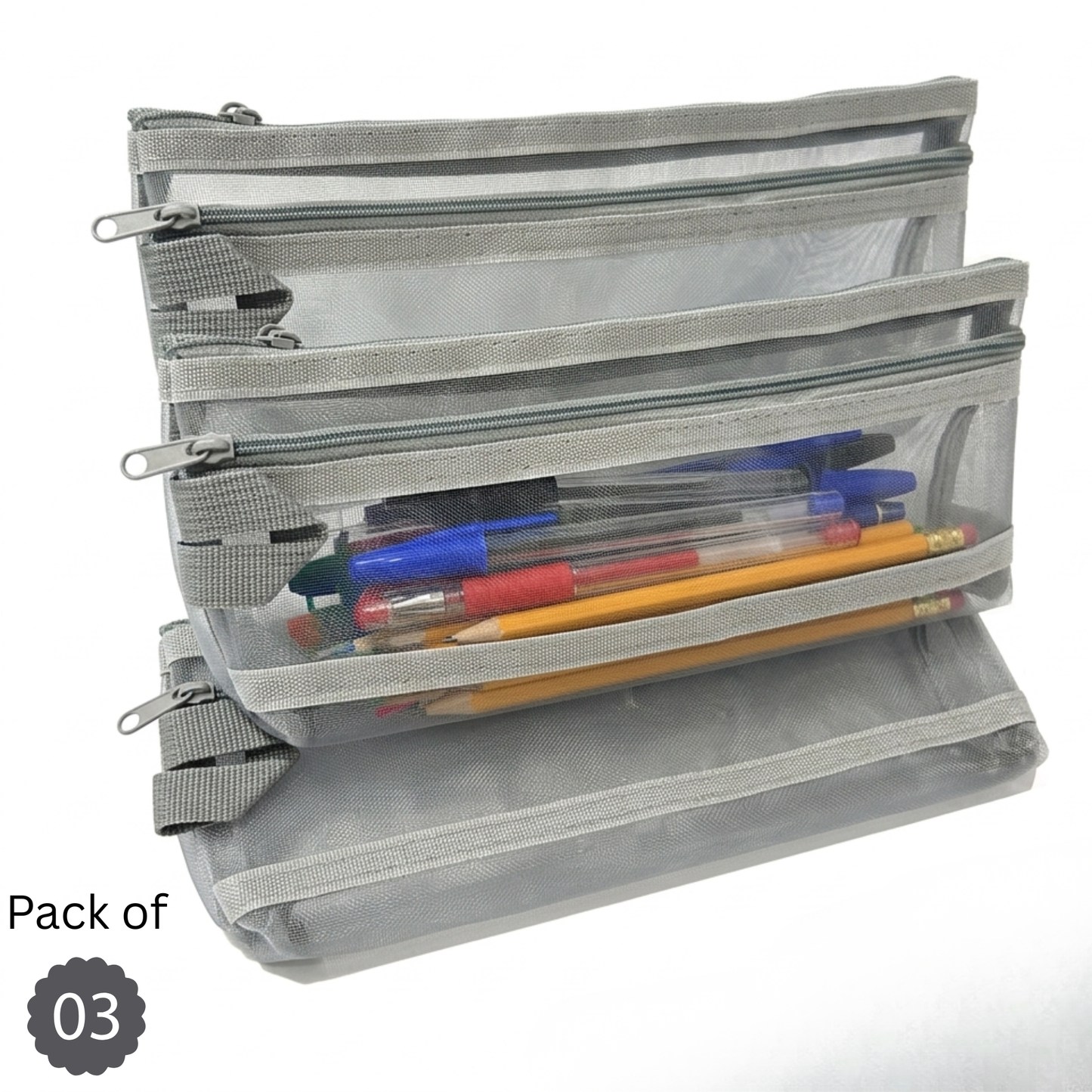 GenXon Mesh Pencil Case Pack of 3 | 2 Pockets | Zip Closure