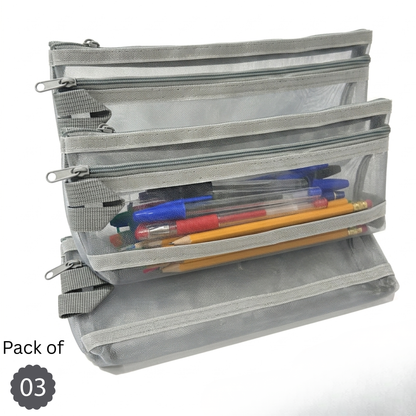 GenXon Mesh Pencil Case Pack of 3 | 2 Pockets | Zip Closure