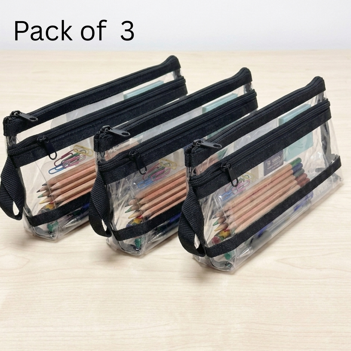 GenXon Clear Transparent Pencil Case Pack of 3 | 2 Compartments | Zip Pouch