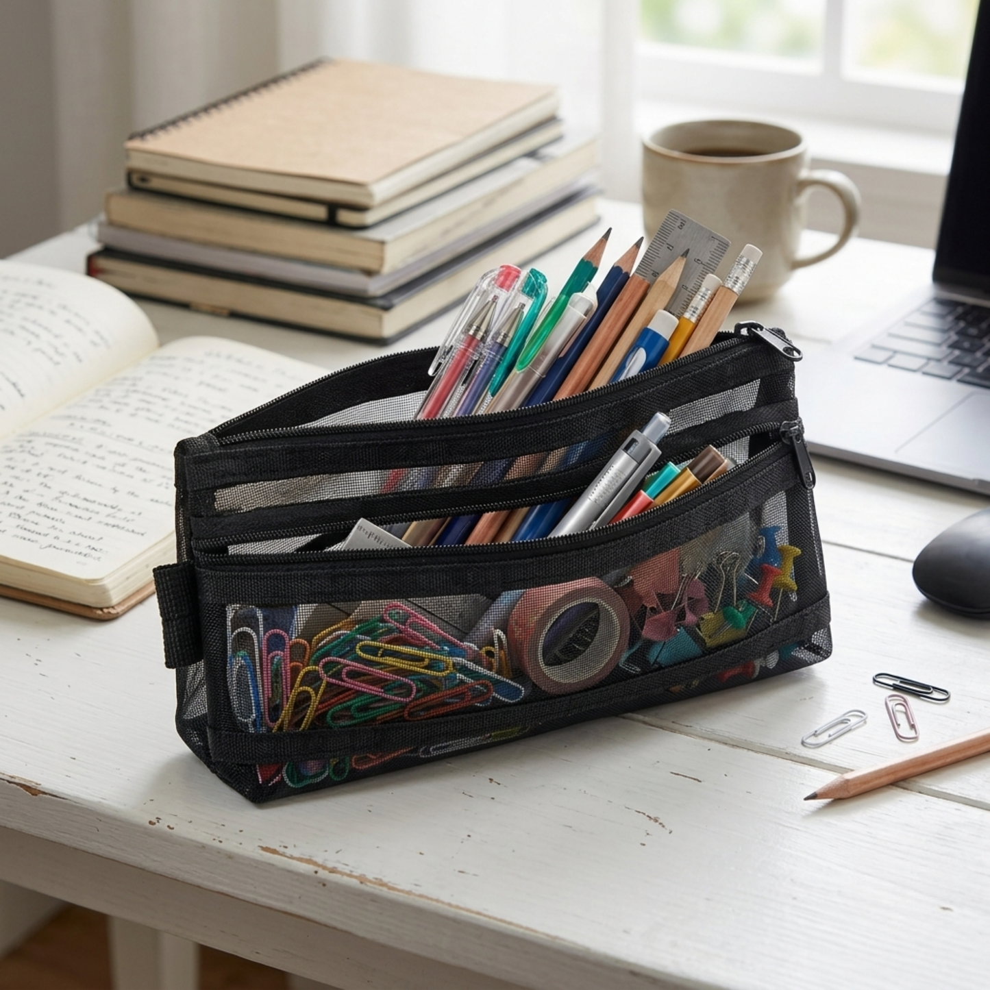 GenXon Mesh Pencil Case Pack of 3 | 2 Pockets | Zip Closure