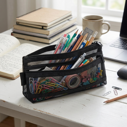 GenXon Mesh Pencil Case Pack of 3 | 2 Pockets | Zip Closure