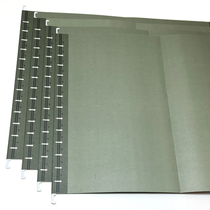 A set of olive green suspension hanging file folders with black and white plastic binder rings on the left side, shown on a plain white background.