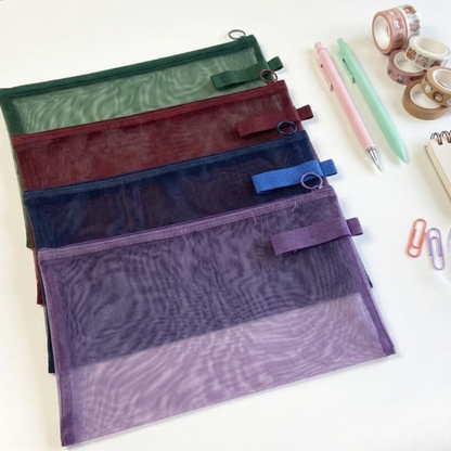 A4 Mesh Zip Folders | Pack of 4 | Green, Burgundy, Navy & Purple | Document Pouch, Pencil Case & Bag Organiser