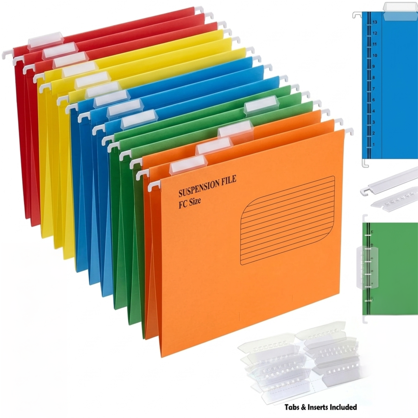 Foolscap Suspension Files with Tabs, 40cm Runners, Assorted Colours