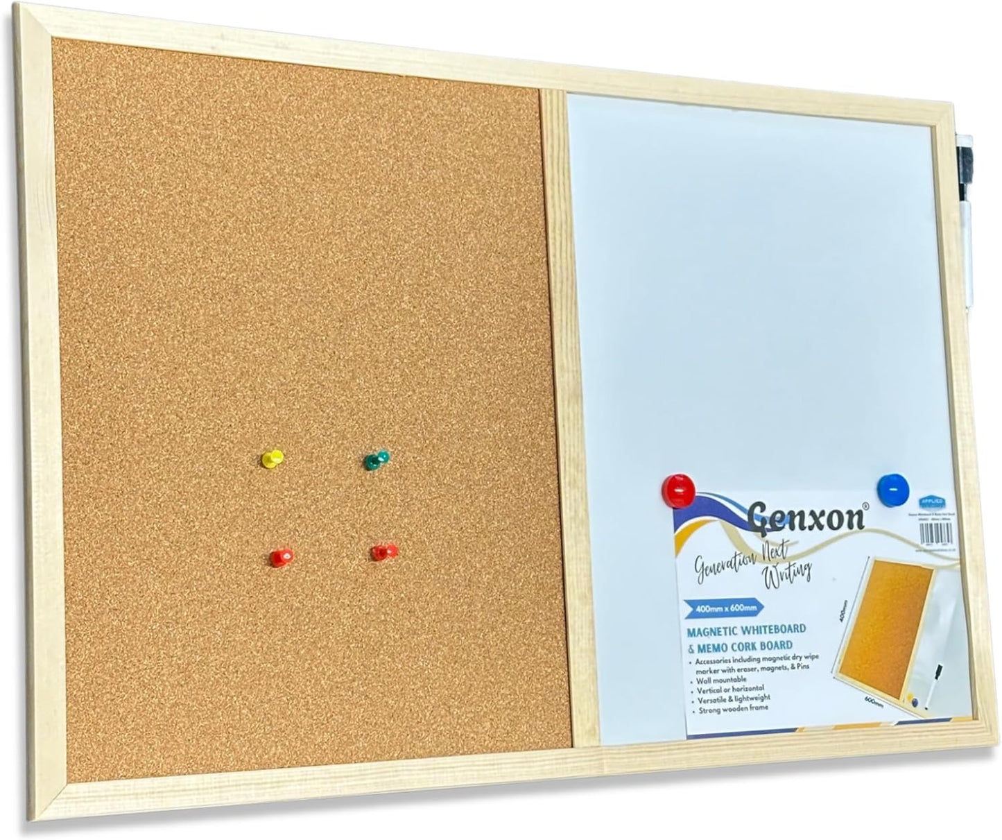 Combination Pin Cork Board & Magnetic Whiteboard | 60x40cm | Dry-Wipe Memo Board | 1 Marker & 2 Magnets