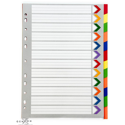 A4 File Dividers 12 Part | Coloured Punched Card Filing Dividers with Writable Index Tabs for Ring Binders & Lever Arch Files