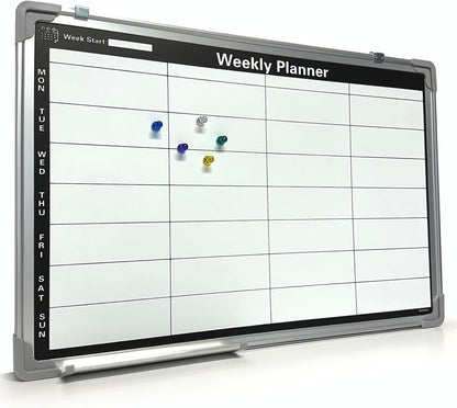 Magnetic Weekly Planner Whiteboard | 60x40cm Aluminium Frame | Dry-Wipe Wall Board | 5 Colour Markers