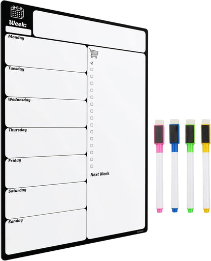 A4 Magnetic Fridge Whiteboard | Weekly Planner, Meal Planner & Shopping List | 4 Dry-Erase Markers
