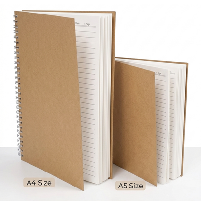 Lined Notebook – Spiral Wirebound Writing Journal | Kraft Cover | Wide Ruled | 80 Sheets | A4 & A5