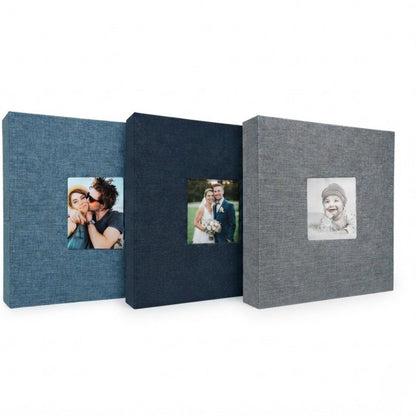 Large Photo Album 6x4 200 Pockets – Slip-In Memo Photo Book | Linen Hardcover, Personalised Cover Window | Family, Wedding & Holiday Memories (Black, Blue, Grey)