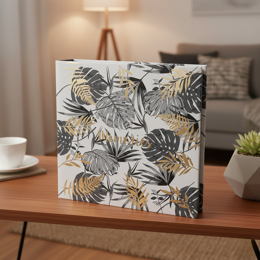Tropical Leaf Hardback Photo Album – 200 Slip-In Photos | Gold Foil Memories | White & Grey | 22x22cm