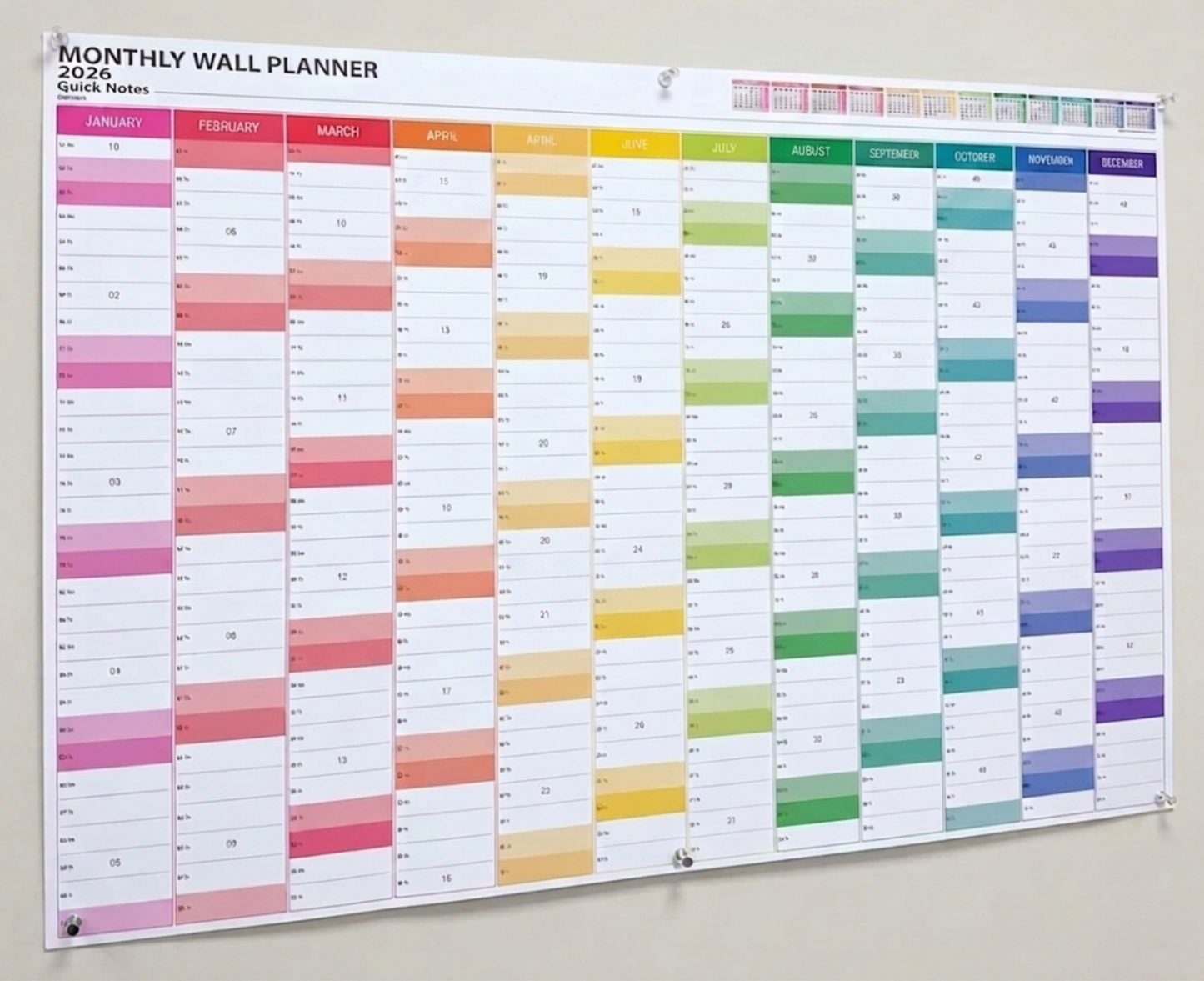 Colourful monthly wall planner for 2026 on a white background
