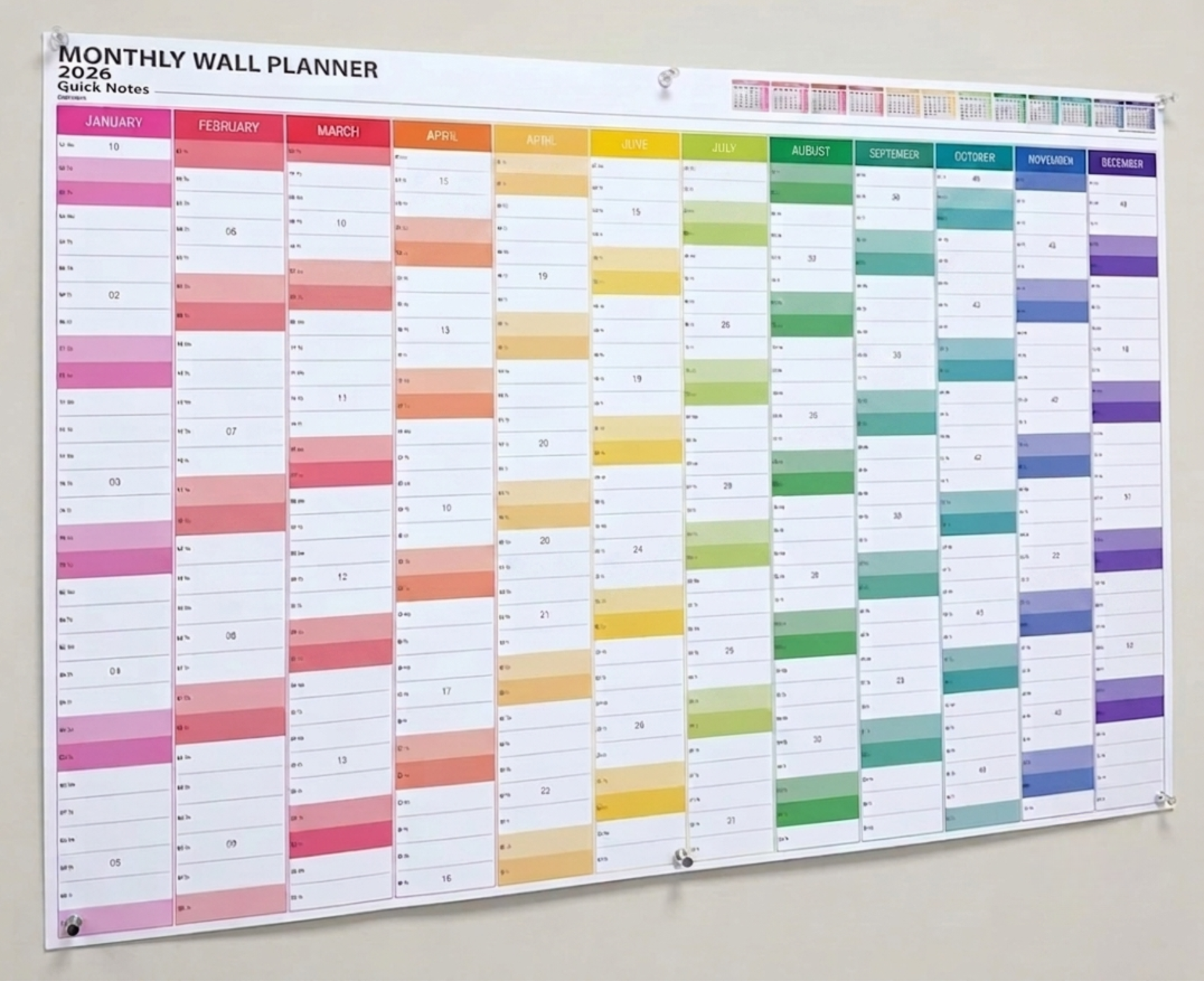 Colourful monthly wall planner for 2026 on a white background