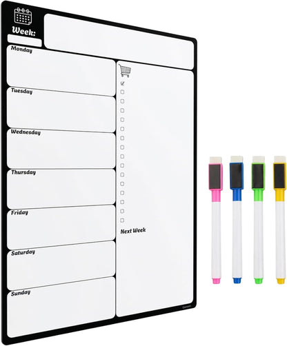 Large A3 Magnetic Fridge Wipe Board | Family Weekly Planner, Shopping List & Memo Board | 4 Colour Markers