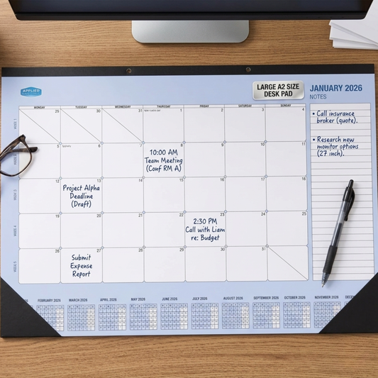 2026 Calendar desk pad on a wooden desk with a pen and glasses