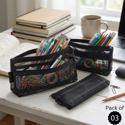 GenXon Mesh Pencil Case Pack of 3 | 2 Pockets | Zip Closure