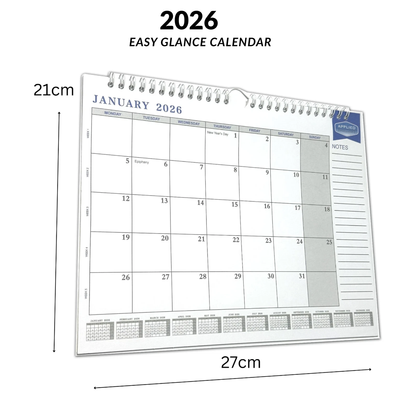 2026 Easy Glance Calendar | Month to View | Notes | Wall & Desktop Planner